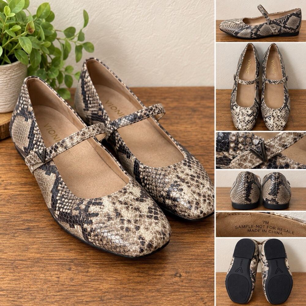 Vionic Women’s 7M Snakeskin Mary Jane Ballet Flats Neutral Brown